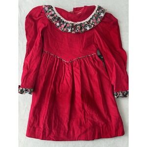 Ruth Of Carolina Vintage Red Corduroy Dress With Smock Collar‎ Size 6 Girl 0329
